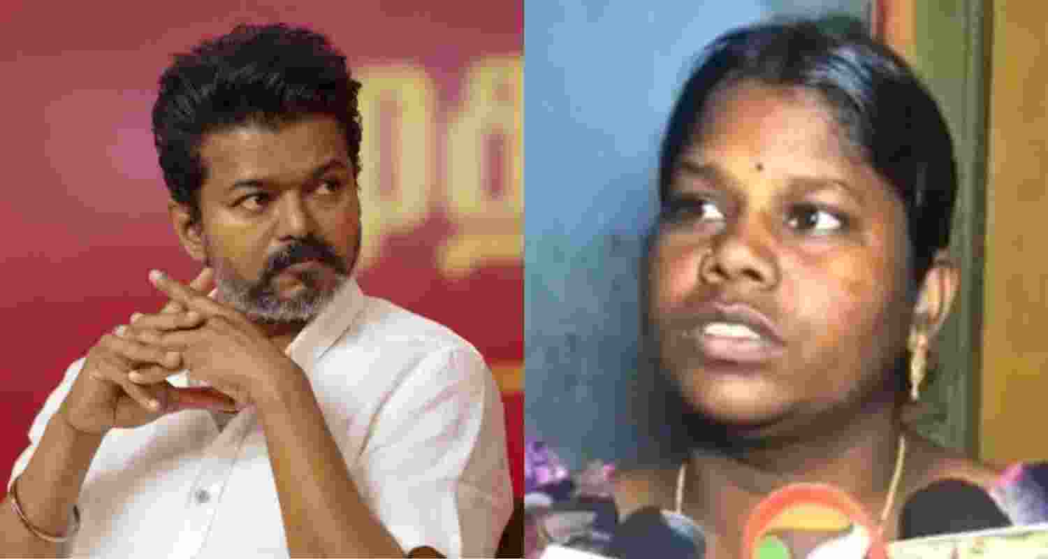 TVK chief Vijay (left) and M Sangavi, whose husband Ramesh was among the 41 victims.