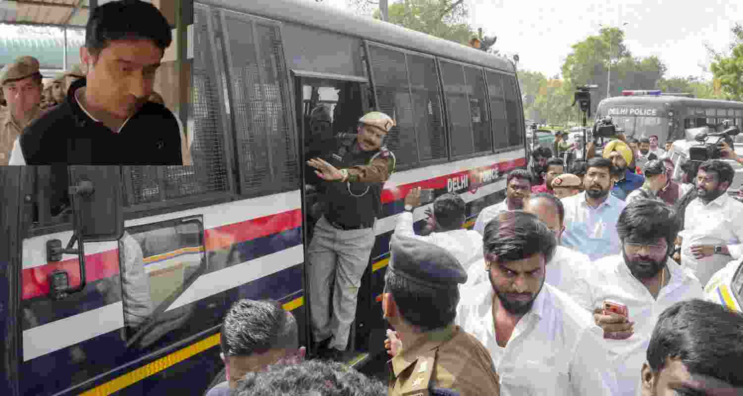 Delhi Police vehicles arrive amid a protest by Congress members outside Patiala House Court as Indian Youth Congress (IYC) national president Uday Bhanu Chib is produced before the court following his arrest in connection with a protest at the AI Impact Summit, in New Delhi. 