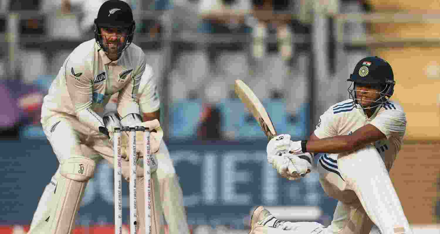 India's Yashasvi Jaiswal plays a shot on the first day of the third test cricket match between India and New Zealand, at the Wankhede Stadium, in Mumbai, Friday, Nov. 1, 2024.