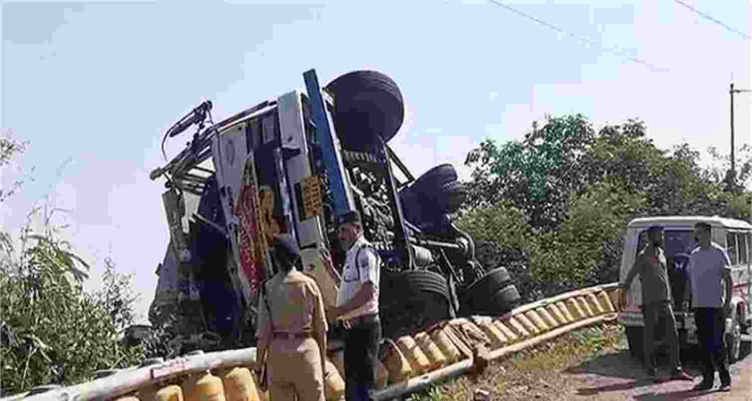 A truck overturned near Dhaliara in Kangra district on Tuesday.