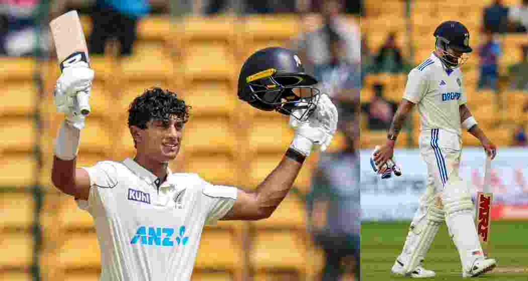 (L-R) New Zealand's batsman Rachin Ravindra celebrates his century and Indian batsman Virat Kohli returns to pavilion after being dismissed by New Zealand's Glenn Phillips during the third day of the first Test between India and New Zealand.
