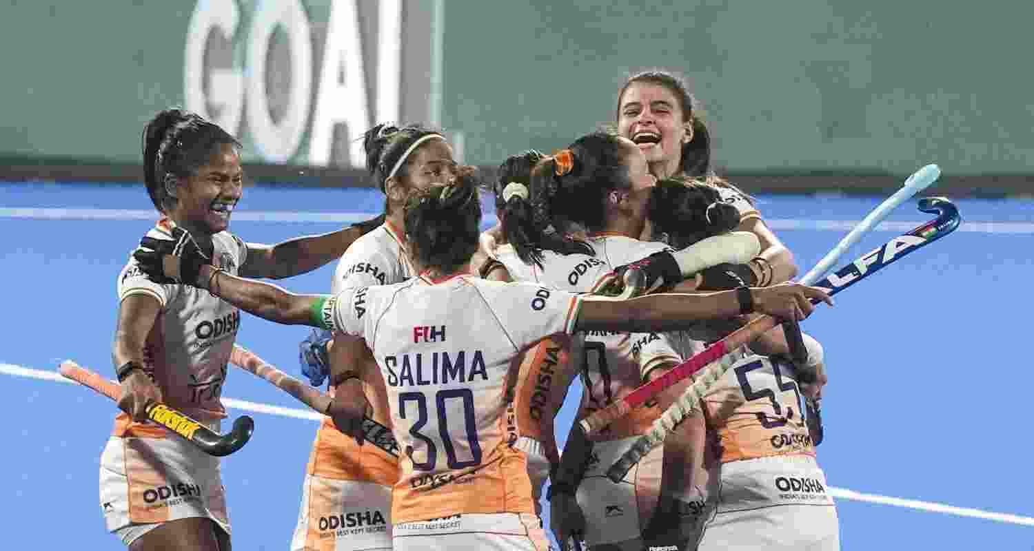 India's Deepika, 55, celebrates with teammates after scoring a goal during the Women's Asian Champions Trophy 2024 final hockey match between India and China, at Rajgir, in Nalanda district, Bihar, Wednesday, Nov. 20, 2024.