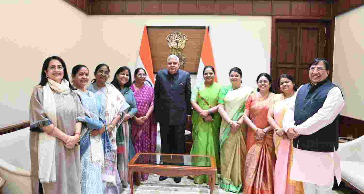 Kiran Choudhary (extreme right) and other vice-chairpersons with Vice-President Jagdeep Dhankar. Image: X.