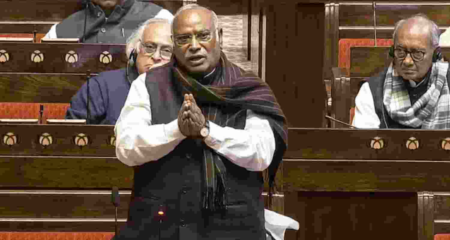 BJP MPs protest against Kharge's statement in Upper House. BJP MPs protest against Kharge's statement in Upper House.