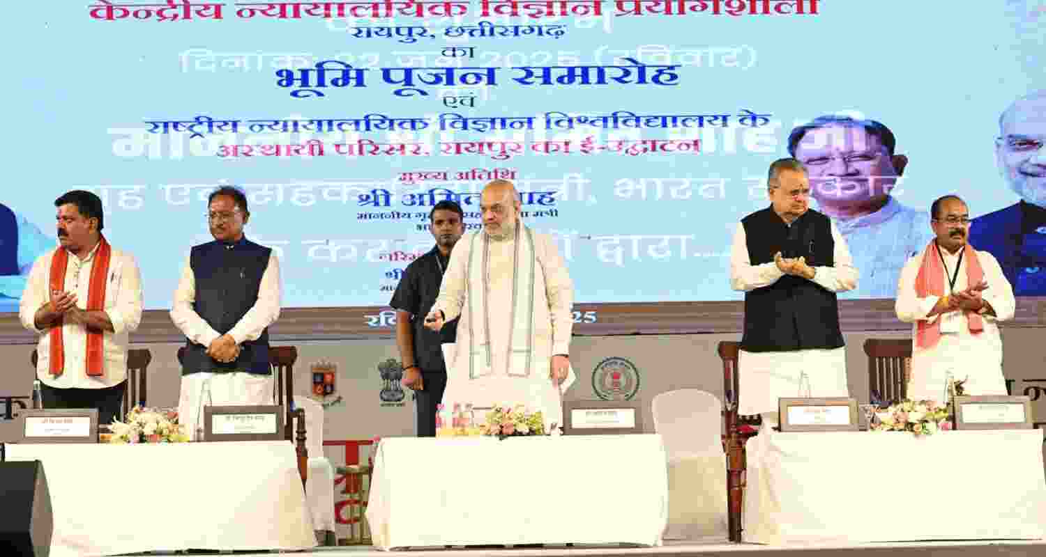 Home Minister Amit Shah unveils NFSU and CFSL projects in Raipur. Image CM Vishnu Deo Sai X.