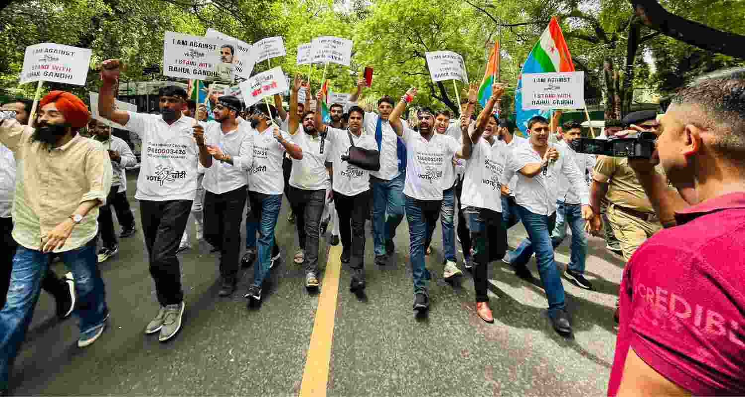Youth Congress targets EC with vote chori banners in Delhi.