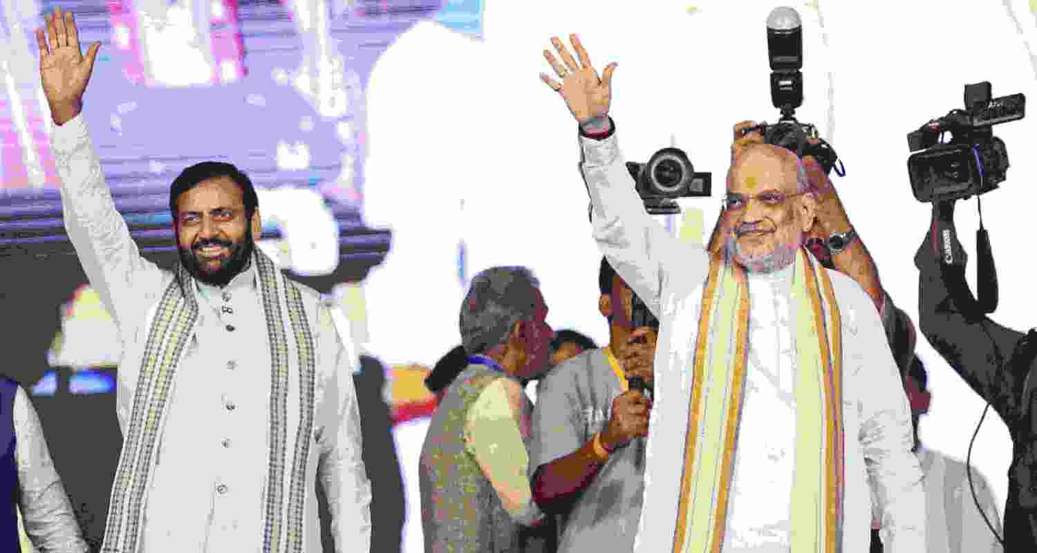 Union Home Minister Amit Shah with Haryana Chief Minister Nayab Singh Saini during the inauguration of Sabar Dairy Plant, in Rohtak on Friday.