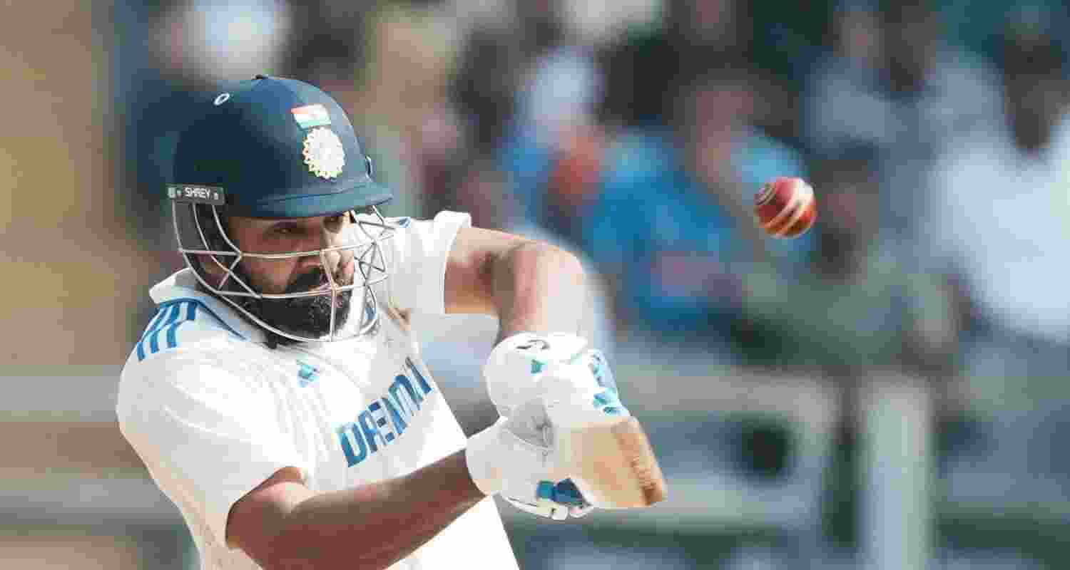 India's captain Rohit Sharma plays a shot during day three of third Test cricket match between India and New Zealand at Wankhede Stadium, in Mumbai, Sunday, Nov. 3, 2024.