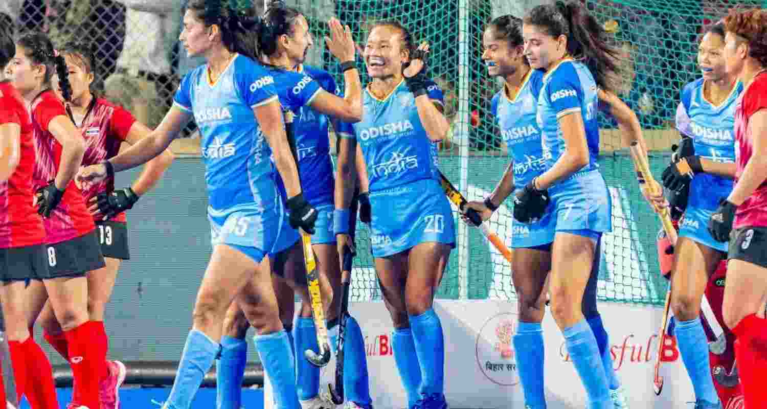 Indian women after winning their group match against Thailand in Rajgir, Bihar. Image: Hockey India.