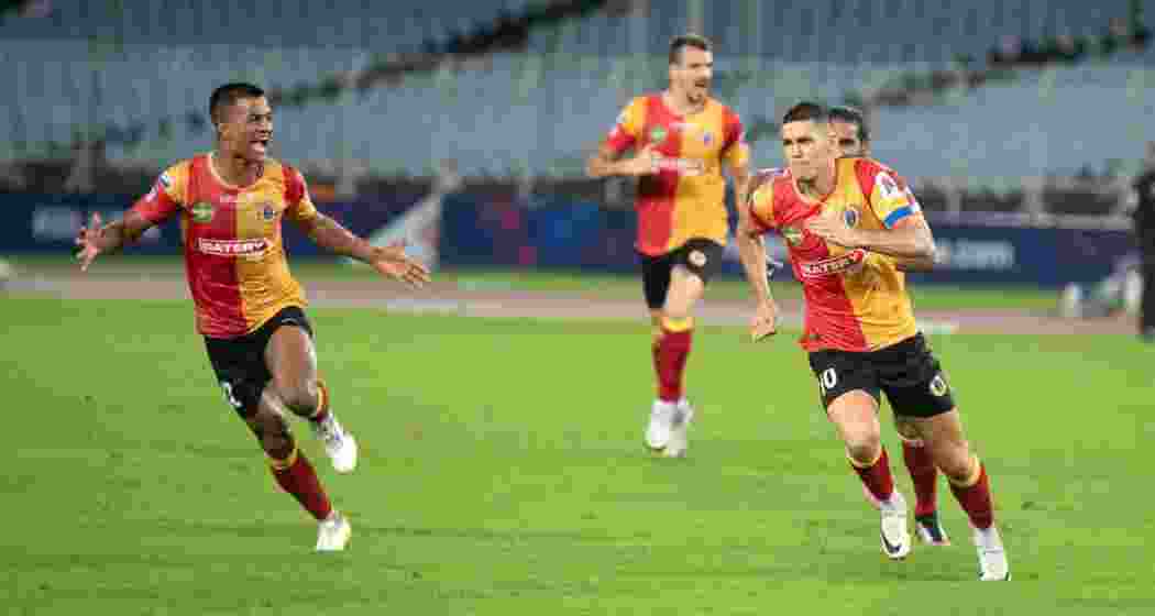 Cleiton Silva (R) of East Bengal FC celebrates after scoring a goal during the Indian Super League 2023-24 football match between East Bengal FC and Hyderabad FC, at Vivekananda Yuba Bharati Krirangan in Kolkata. 