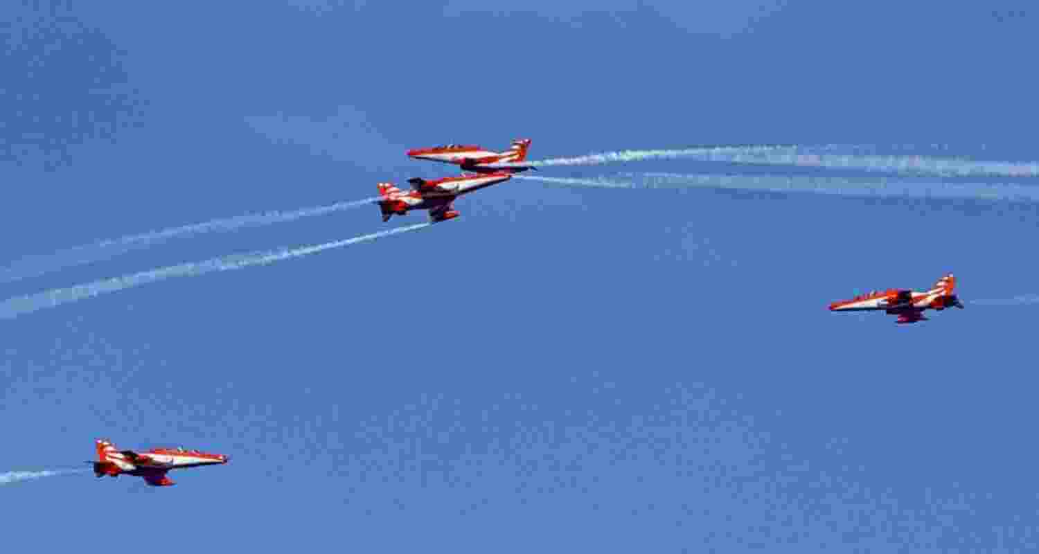 The Surya Kiran Aerobatic Team (SKAT) of the Indian Air Force enthralled spectators at the Sainik School Sujanpur Tira, in Himachal Pradesh, on Wednesday.