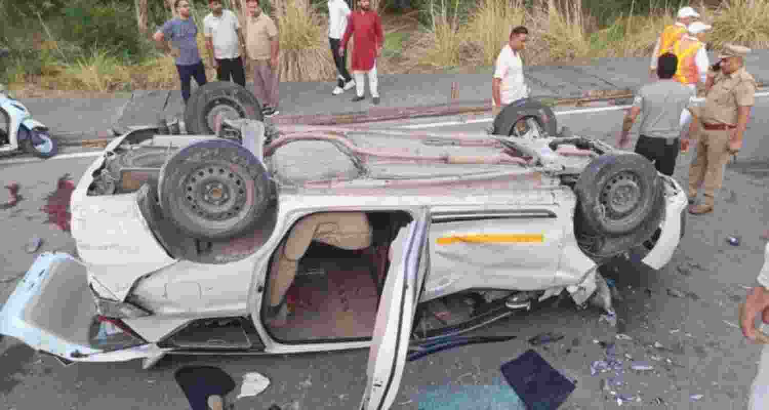 One of the vehicles that turned turtle in a highway accident that claimed three lives