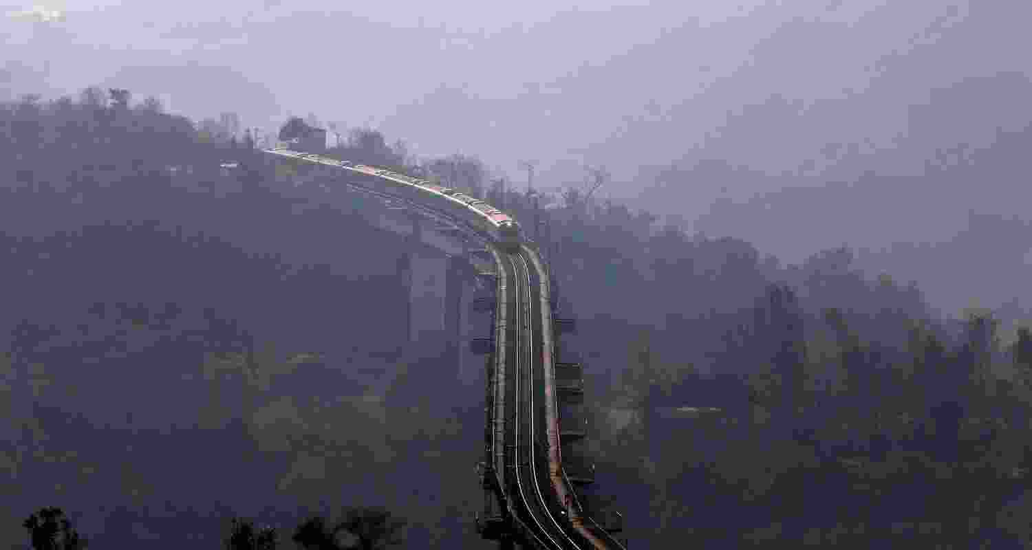 The second Vande Bharat Express train move towards Katra-Srinagar route ahead of its inauguration, on the outskirts of Jammu, Saturday. 