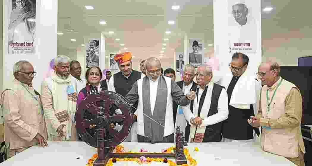 Vice President C P Radhakrishnan engages in khadi spinning.