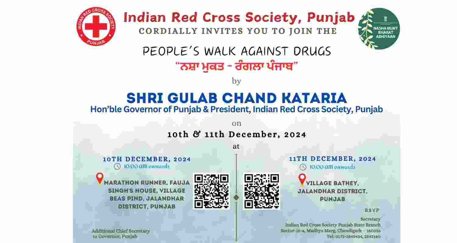 Punjab Governor Gulab Chand Kataria and Fauja Singh to join 'People's Walk Against Drugs' walkathon against drug abuse. 