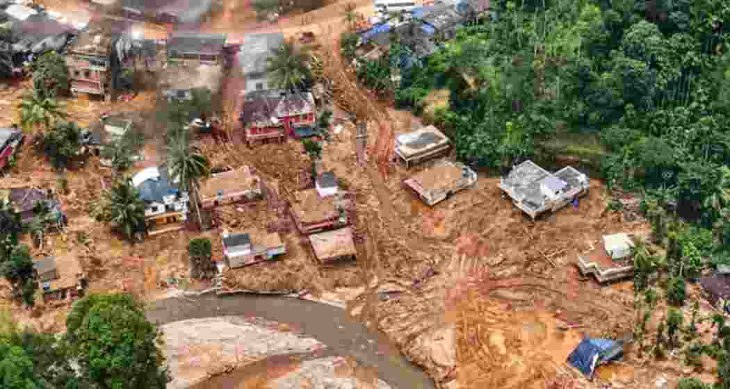 A view of the landslide-hit areas as Prime Minister Narendra Modi carries out an aerial survey, in Wayanad district. 