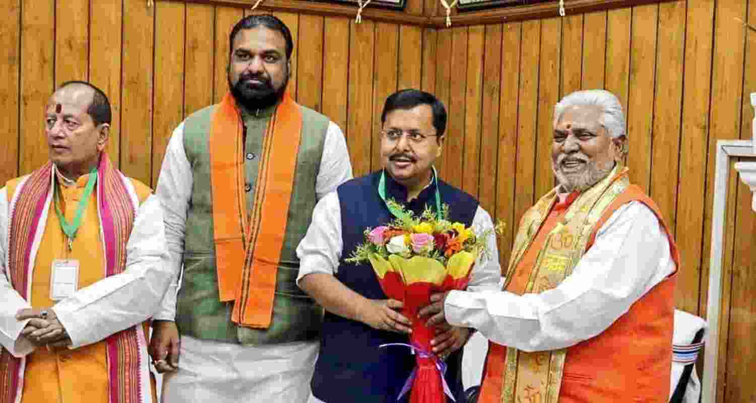 BJP National President Nitin Nabin being felicitated by Bihar Legislative Assembly Speaker Prem Kumar, as he casts his vote on the occasion of Rajya Sabha elections, in Patna on Tuesday. Bihar Dy CMs Vijay Sinha and Samrat Chaudhary were also present on the occasion. Photo: @NitinNabin X/ANI Photo