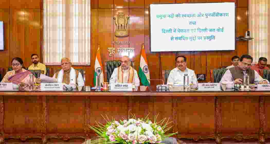 Union Home Minister Amit Shah with Union Minister Manohar Lal Khattar, Union Minister of Jal Shakti CR Patil and Delhi Chief Minister Rekha Gupta during a meeting over the rejuvenation of the Yamuna river, in New Delhi.