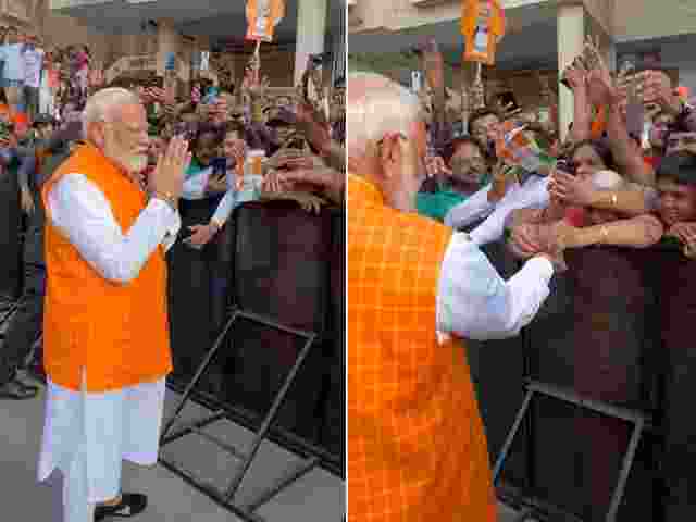Elderly woman ties rakhi to PM Modi, Amit Shah presents saffron khes in Ahmedabad Elderly woman ties rakhi to PM Modi, Amit Shah presents saffron khes in Ahmedabad