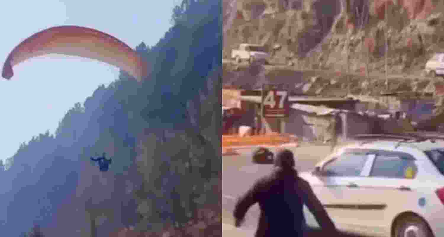A screengrab from the viral video shows the paraglider landing on a road near Manali. (Photo: @iNikhilsaini/X) A screengrab from the viral video shows the paraglider landing on a road near Manali. (Photo: @iNikhilsaini/X)
