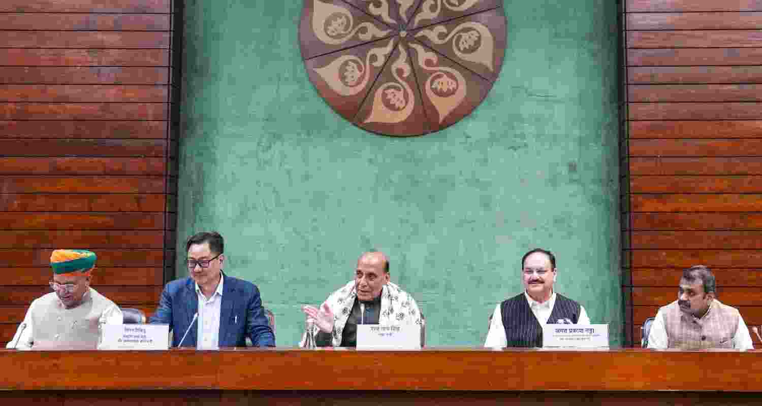 Union Ministers Kiren Rijiju, Arjun Ram Meghwal, Rajnath Singh, JP Nadda and others during the all-party meeting ahead of Parliament's winter session, in New Delhi, Sunday. Union Ministers Kiren Rijiju, Arjun Ram Meghwal, Rajnath Singh, JP Nadda and others during the all-party meeting ahead of Parliament's winter session, in New Delhi, Sunday.