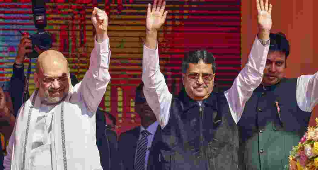 Union Home Minister Amit Shah and Tripura Chief Minister Manik Saha during a public rally at Ambassa, in Dhalai district in Tripura on Sunday, Dec. 22, 2024. Union Home Minister Amit Shah and Tripura Chief Minister Manik Saha during a public rally at Ambassa, in Dhalai district in Tripura on Sunday, Dec. 22, 2024.