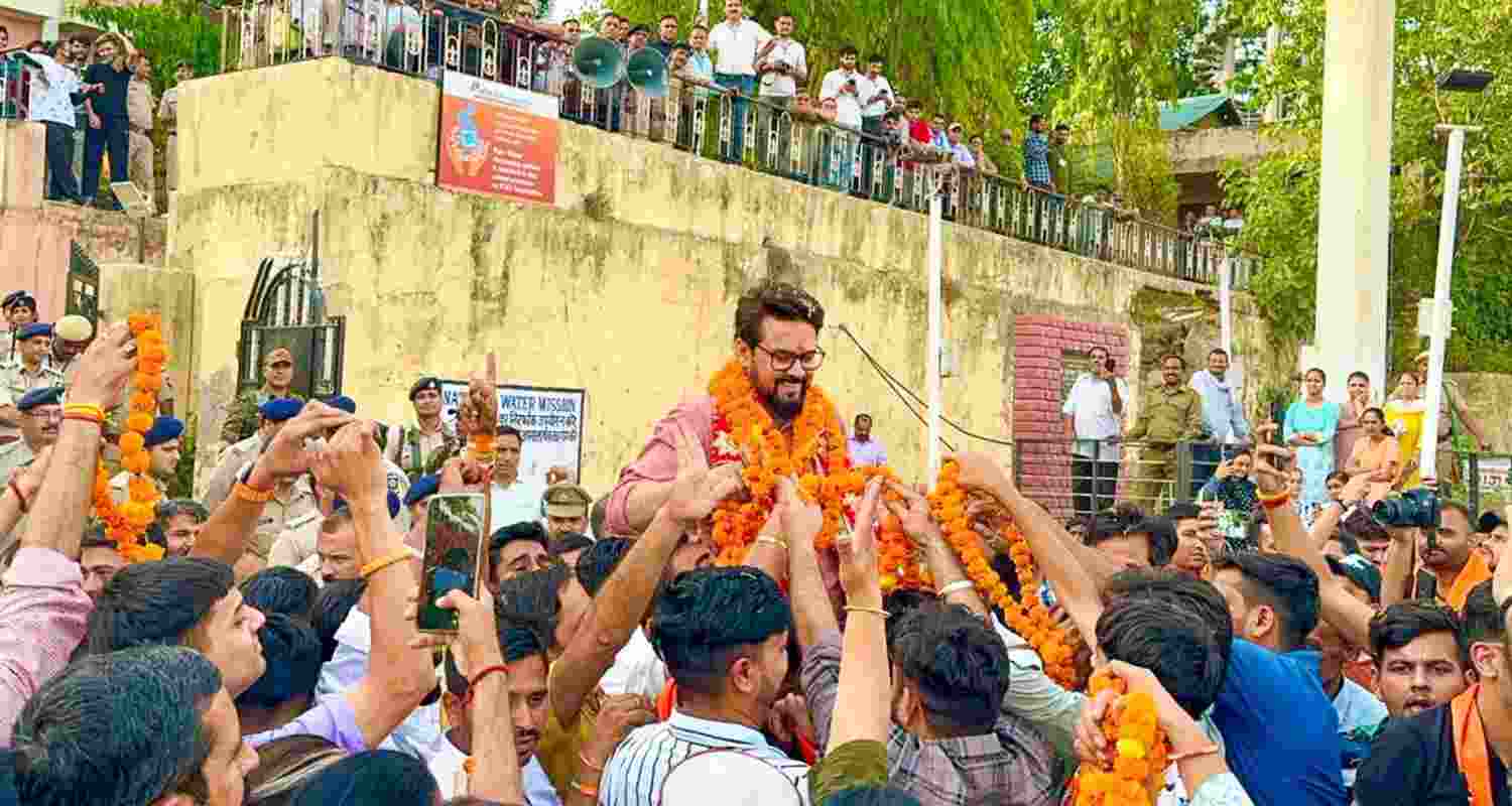 Anurag Thakur celebrates his victory with voters in Hamirpur constituency. Anurag Thakur celebrates his victory with voters in Hamirpur constituency.