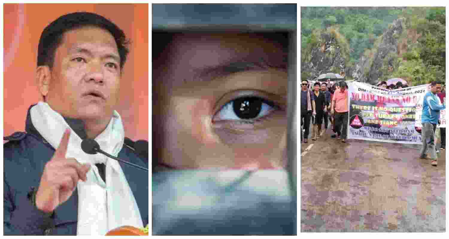 BJP leader and Arunachal CM Pema Khandu (L). File photo. Protestors in Siang resisting the construction of Upper Siang Hydropower project (R). BJP leader and Arunachal CM Pema Khandu (L). File photo. Protestors in Siang resisting the construction of Upper Siang Hydropower project (R).