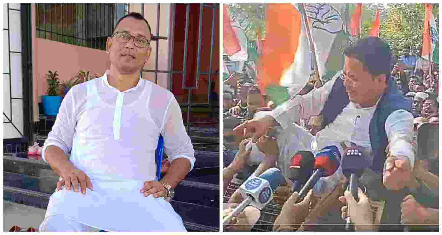 The deceased Congress worker (L) and Assam Congress Chief Bhupen Bora being tossed by party workers as they attempt to break through the barricade during the protest in Guwahati (R). The deceased Congress worker (L) and Assam Congress Chief Bhupen Bora being tossed by party workers as they attempt to break through the barricade during the protest in Guwahati (R).