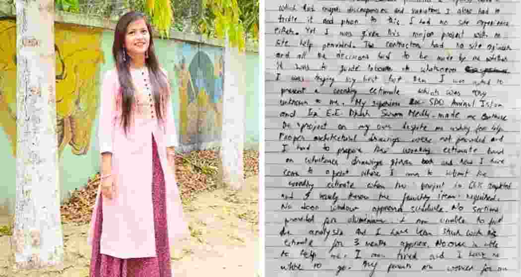 (In picture) The assistant engineer who allegedly died by suicide and the note recovered from her apartment in Bongaigaon, where she accused two senior PWD officials of workplace harassment. (In picture) The assistant engineer who allegedly died by suicide and the note recovered from her apartment in Bongaigaon, where she accused two senior PWD officials of workplace harassment.