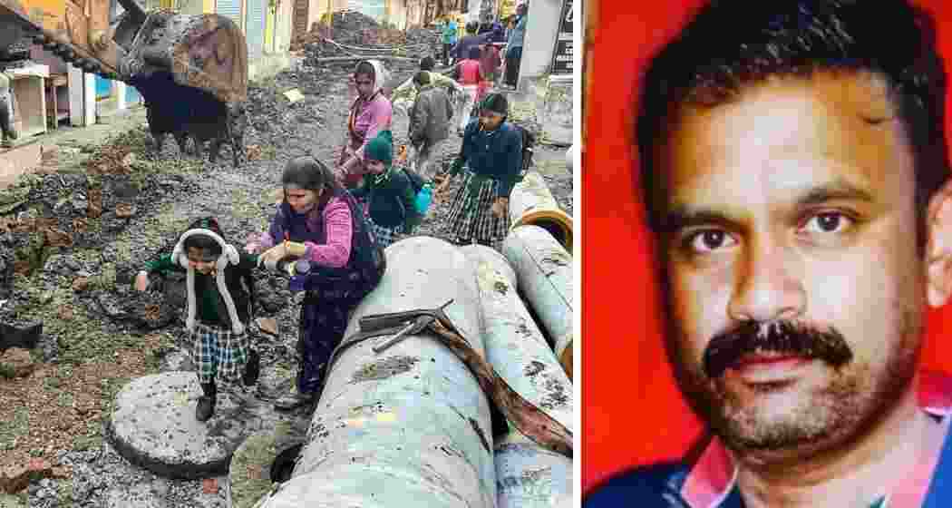 School students make their way through the debris amid the pipeline and drainage work undertaken after of deaths caused by consumption of contaminated water in the Bhagirathpura area of Indore, Madhya Pradesh. A 50-year-old e-rickshaw driver (R) has died in Indore’s Bhagirathpura area, where a diarrhoea outbreak linked to contaminated drinking water has been reported. School students make their way through the debris amid the pipeline and drainage work undertaken after of deaths caused by consumption of contaminated water in the Bhagirathpura area of Indore, Madhya Pradesh. A 50-year-old e-rickshaw driver (R) has died in Indore’s Bhagirathpura area, where a diarrhoea outbreak linked to contaminated drinking water has been reported.