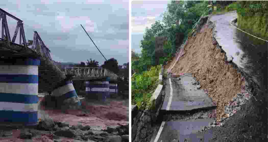 A bridge connecting Siliguri via Mirik to Darjeeling in Dudhiya (L), was damaged by heavy river water, disrupting connectivity, while roads in the hills were washed out by torrential rains and landslides (R). A bridge connecting Siliguri via Mirik to Darjeeling in Dudhiya (L), was damaged by heavy river water, disrupting connectivity, while roads in the hills were washed out by torrential rains and landslides (R).