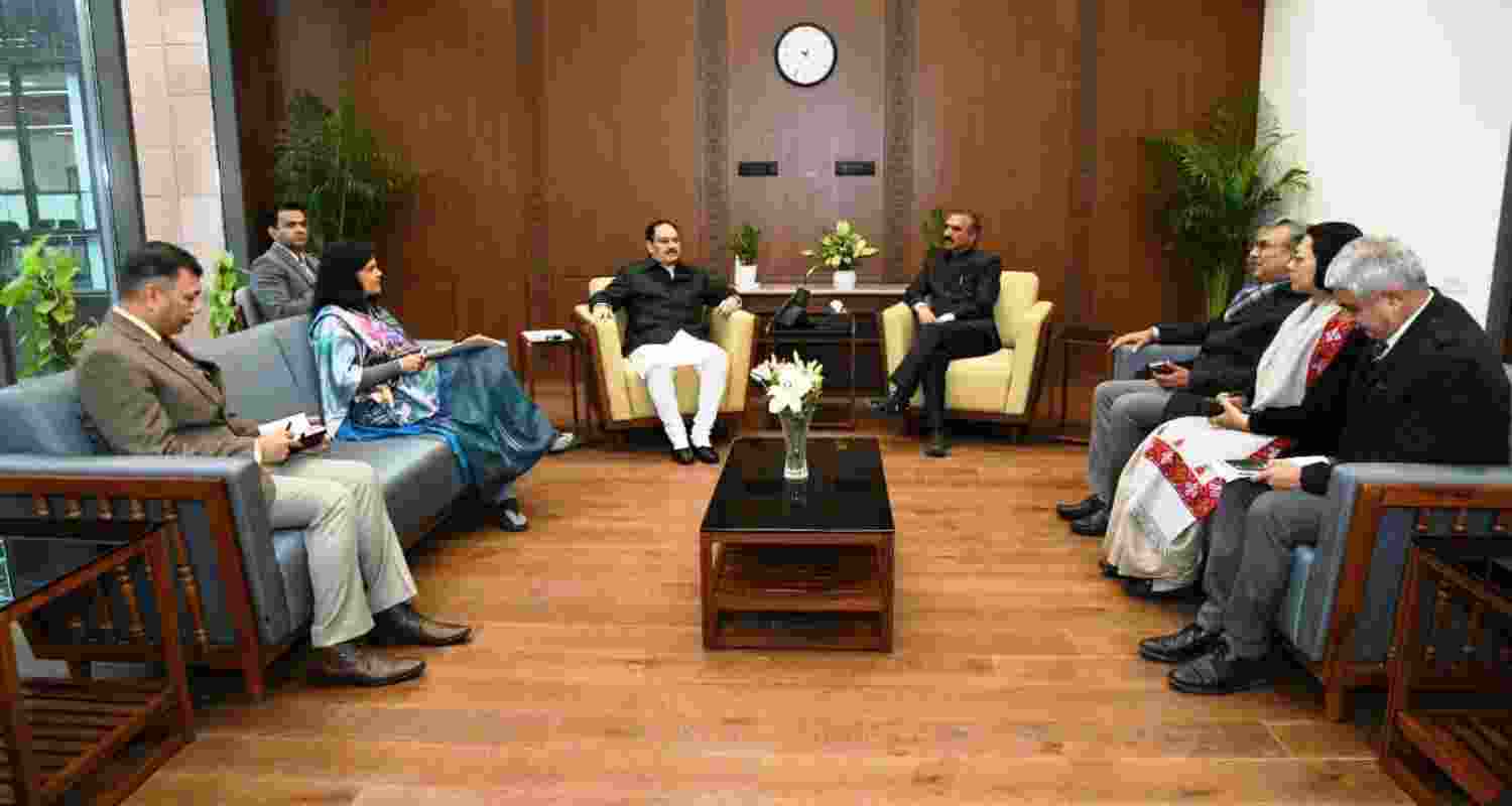 Bharatiya Janata Party (BJP) president and Union Minister Jagat Prakash Nadda during a meeting with Himachal Pradesh Chief Minister Sukhvinder Singh Sukhu Bharatiya Janata Party (BJP) president and Union Minister Jagat Prakash Nadda during a meeting with Himachal Pradesh Chief Minister Sukhvinder Singh Sukhu