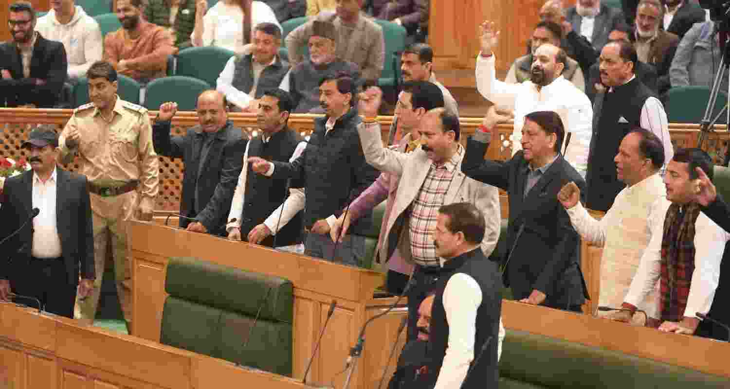 BJP MLAs protest in the Jammu and Kashmir Assembly after Speaker Abdul Rahim Rather rejected an adjournment motion moved by the BJP for a discussion on the "humanitarian crisis" caused by the recent natural calamity in the Union territory, in Srinagar. BJP MLAs protest in the Jammu and Kashmir Assembly after Speaker Abdul Rahim Rather rejected an adjournment motion moved by the BJP for a discussion on the "humanitarian crisis" caused by the recent natural calamity in the Union territory, in Srinagar.