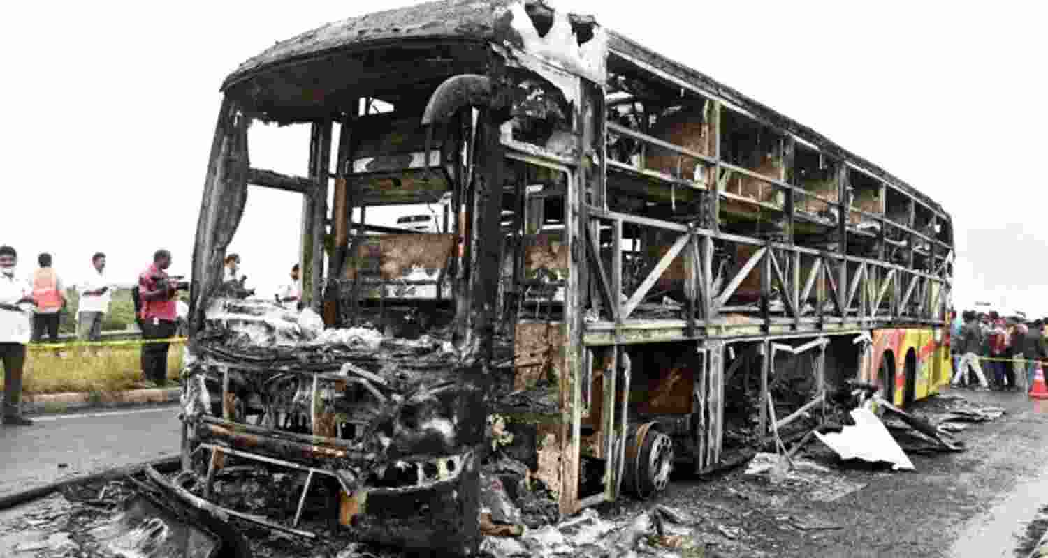Charred remains of a Hyderabad-Bengaluru private bus that caught fire after a collision with a two-wheeler in Andhra Pradesh's Kurnool district. Charred remains of a Hyderabad-Bengaluru private bus that caught fire after a collision with a two-wheeler in Andhra Pradesh's Kurnool district.