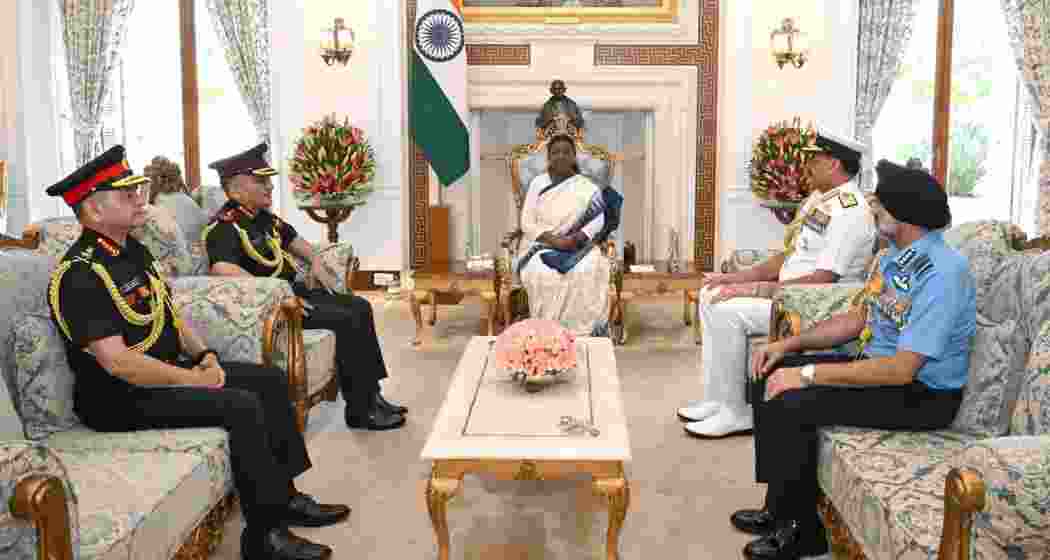 Chief of Defence Staff General Anil Chauhan with Chief of Army Staff General Upendra Dwivedi, Chief of Naval Staff Admiral Dinesh K. Tripathi, and Air Chief Marshal A.P. Singh during the briefing to President Droupadi Murmu. Chief of Defence Staff General Anil Chauhan with Chief of Army Staff General Upendra Dwivedi, Chief of Naval Staff Admiral Dinesh K. Tripathi, and Air Chief Marshal A.P. Singh during the briefing to President Droupadi Murmu.
