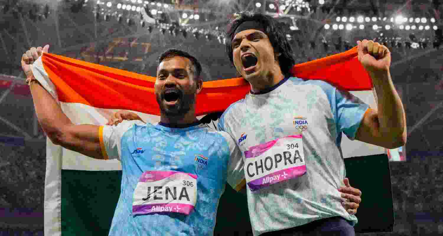 Neeraj Chopra and Kishore Jena at the Asian games. Neeraj Chopra and Kishore Jena at the Asian games.