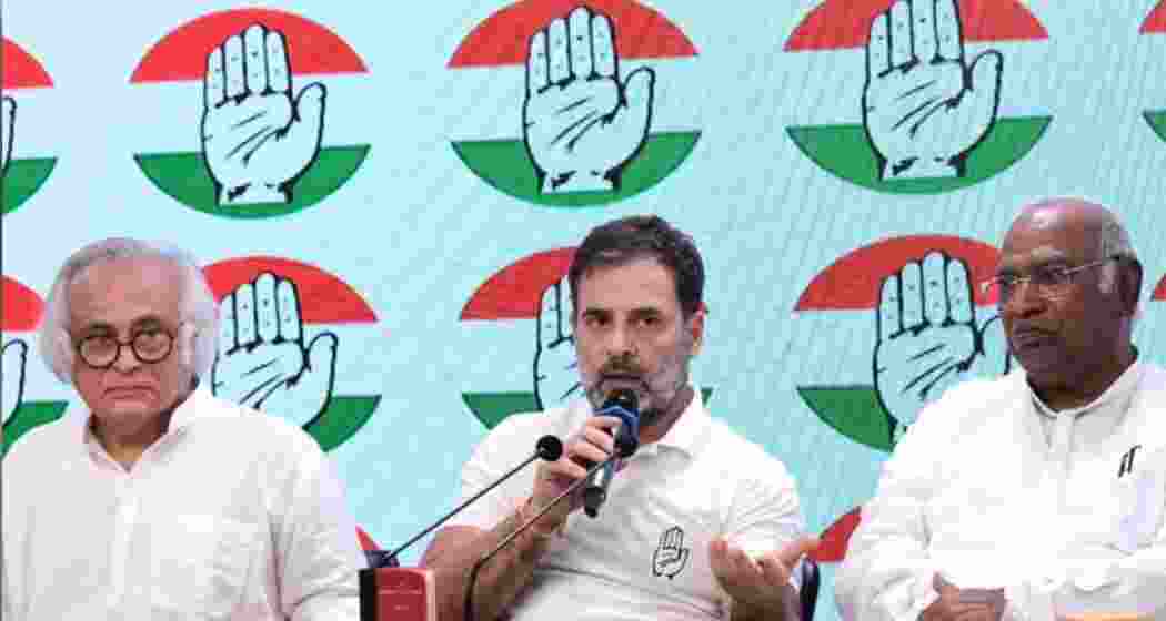 (From right to left) Congress president Mallikarjun Kharge, former party chief Rahul Gandhi and general secretary Jairam Ramesh. (From right to left) Congress president Mallikarjun Kharge, former party chief Rahul Gandhi and general secretary Jairam Ramesh.