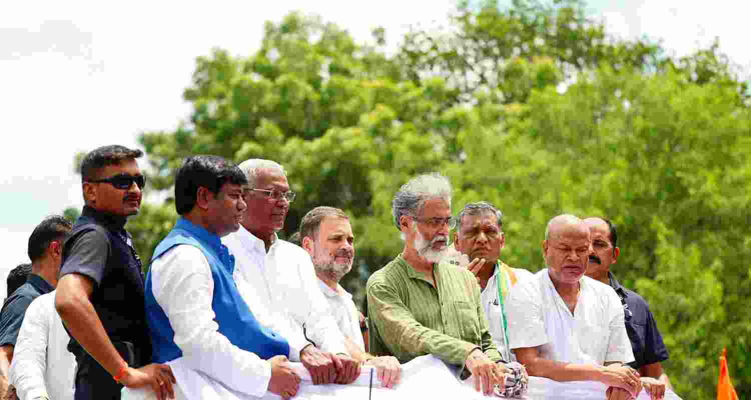Dipankar Bhattacharya (in green) with Rahul Gandhi and INDIA bloc leaders. Dipankar Bhattacharya (in green) with Rahul Gandhi and INDIA bloc leaders.