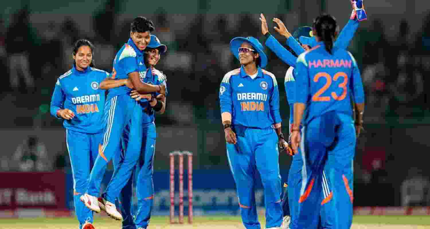 Deepti Sharma (C) celebrates after one of her wickets against West Indies in the third ODI on Friday. Deepti Sharma (C) celebrates after one of her wickets against West Indies in the third ODI on Friday.
