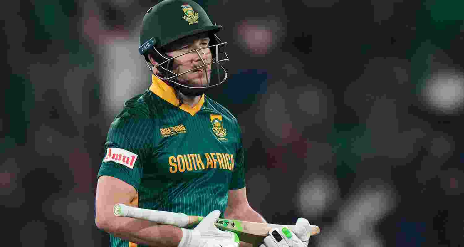 David Miller cradles his bat after scoring a century during the ICC Champions Trophy semifinal cricket match between New Zealand and South Africa at Gaddafi Stadium in Lahore, Pakistan, on Wednesday. David Miller cradles his bat after scoring a century during the ICC Champions Trophy semifinal cricket match between New Zealand and South Africa at Gaddafi Stadium in Lahore, Pakistan, on Wednesday.