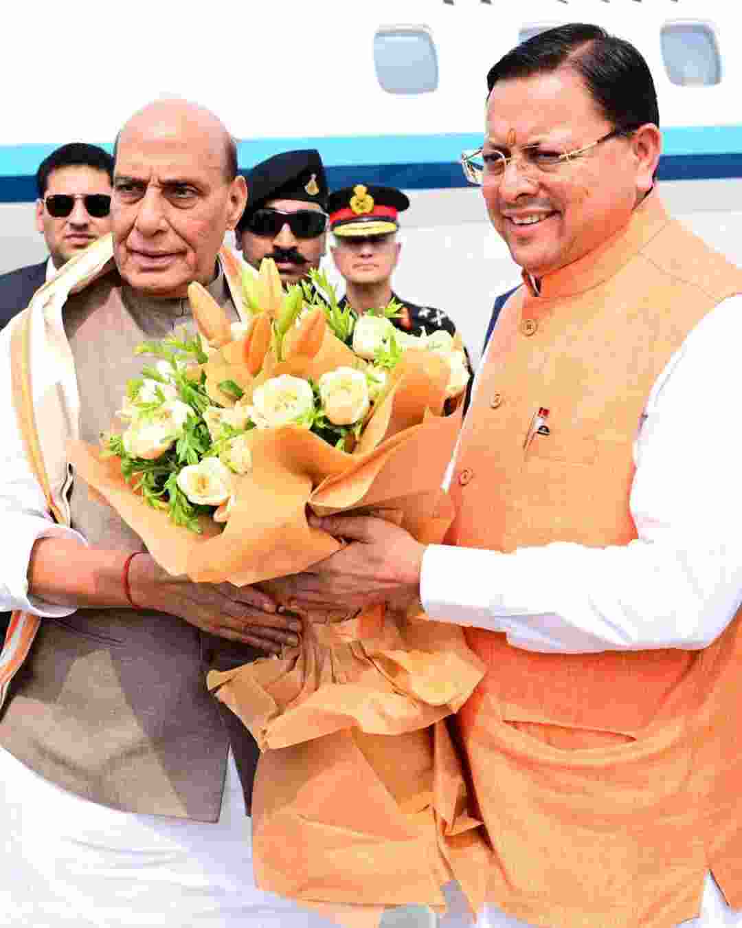 Uttarakhand Chief Minister Pushkar Singh Dhami greets Defence Minister Rajnath Singh in Dehradun on Monday. Uttarakhand Chief Minister Pushkar Singh Dhami greets Defence Minister Rajnath Singh in Dehradun on Monday.