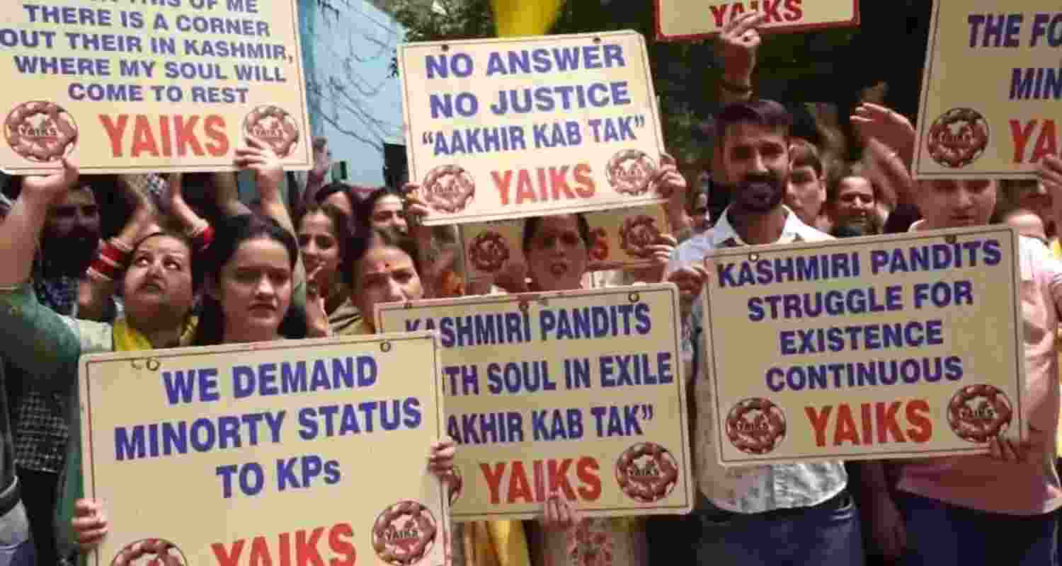 Displaced Kashmiri Pandits stage a protest in Jammu on Saturday, demanding a comprehensive rehabilitation policy and fresh employment package. Displaced Kashmiri Pandits stage a protest in Jammu on Saturday, demanding a comprehensive rehabilitation policy and fresh employment package.