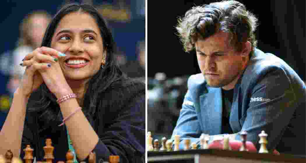 FIDE Women's World Cup champion Divya Deshmukh (L), Norwegian grandmaster Magnus Carlsen (R). FIDE Women's World Cup champion Divya Deshmukh (L), Norwegian grandmaster Magnus Carlsen (R).
