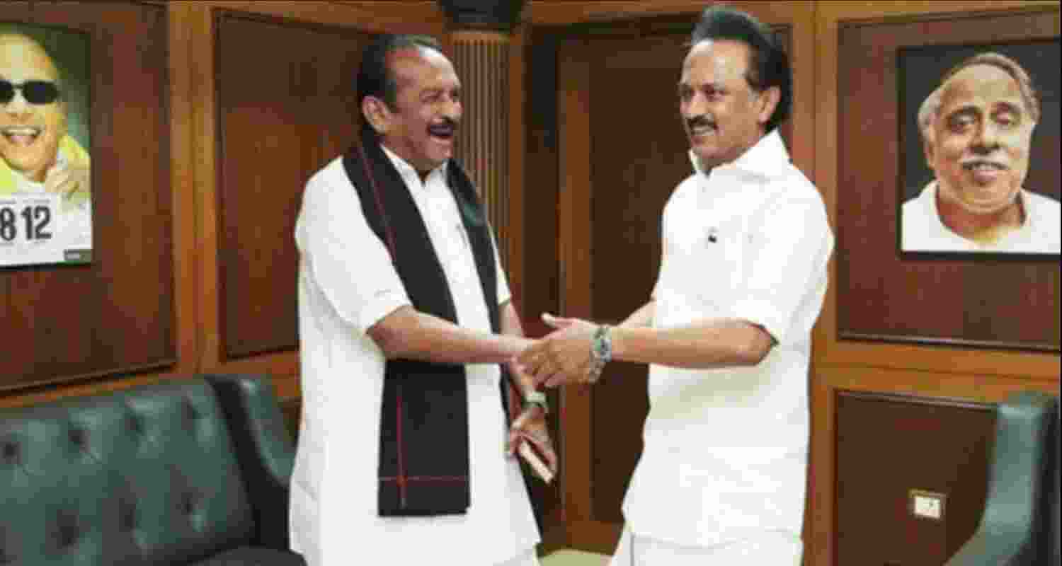 Image of MDMK founder Vaiko with Chief Minister of Tamil Nadu Thiru M.K.Stalin. Image of MDMK founder Vaiko with Chief Minister of Tamil Nadu Thiru M.K.Stalin.
