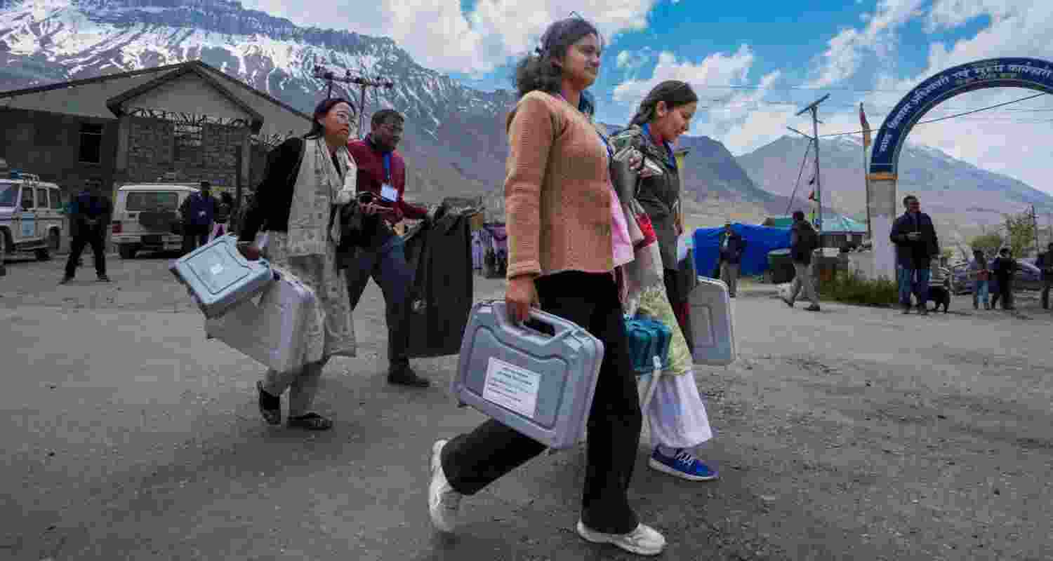 Polling officials with EVMs and other election materials leave for their respective polling stations in the higher hills of Himachal, from Kaza, ahead of the last phase of Lok Sabha polls, in Lahaul and Spiti. Polling officials with EVMs and other election materials leave for their respective polling stations in the higher hills of Himachal, from Kaza, ahead of the last phase of Lok Sabha polls, in Lahaul and Spiti.