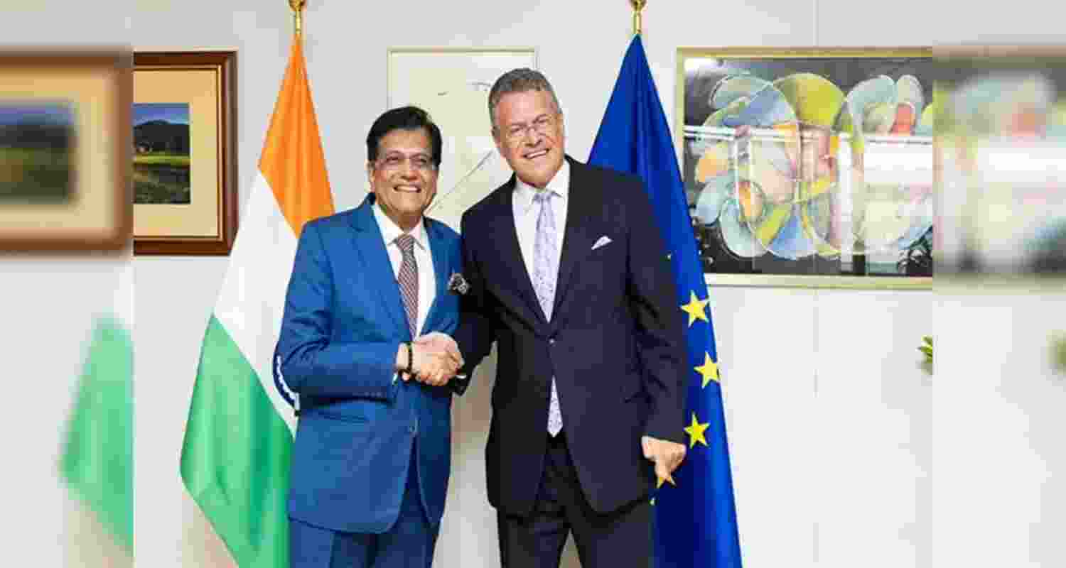 Union Minister of Commerce and Industry Piyush Goyal with European Union Commissioner for Trade and Economic Security Maros Sefcovic in Brussels. (File photo) Union Minister of Commerce and Industry Piyush Goyal with European Union Commissioner for Trade and Economic Security Maros Sefcovic in Brussels. (File photo)