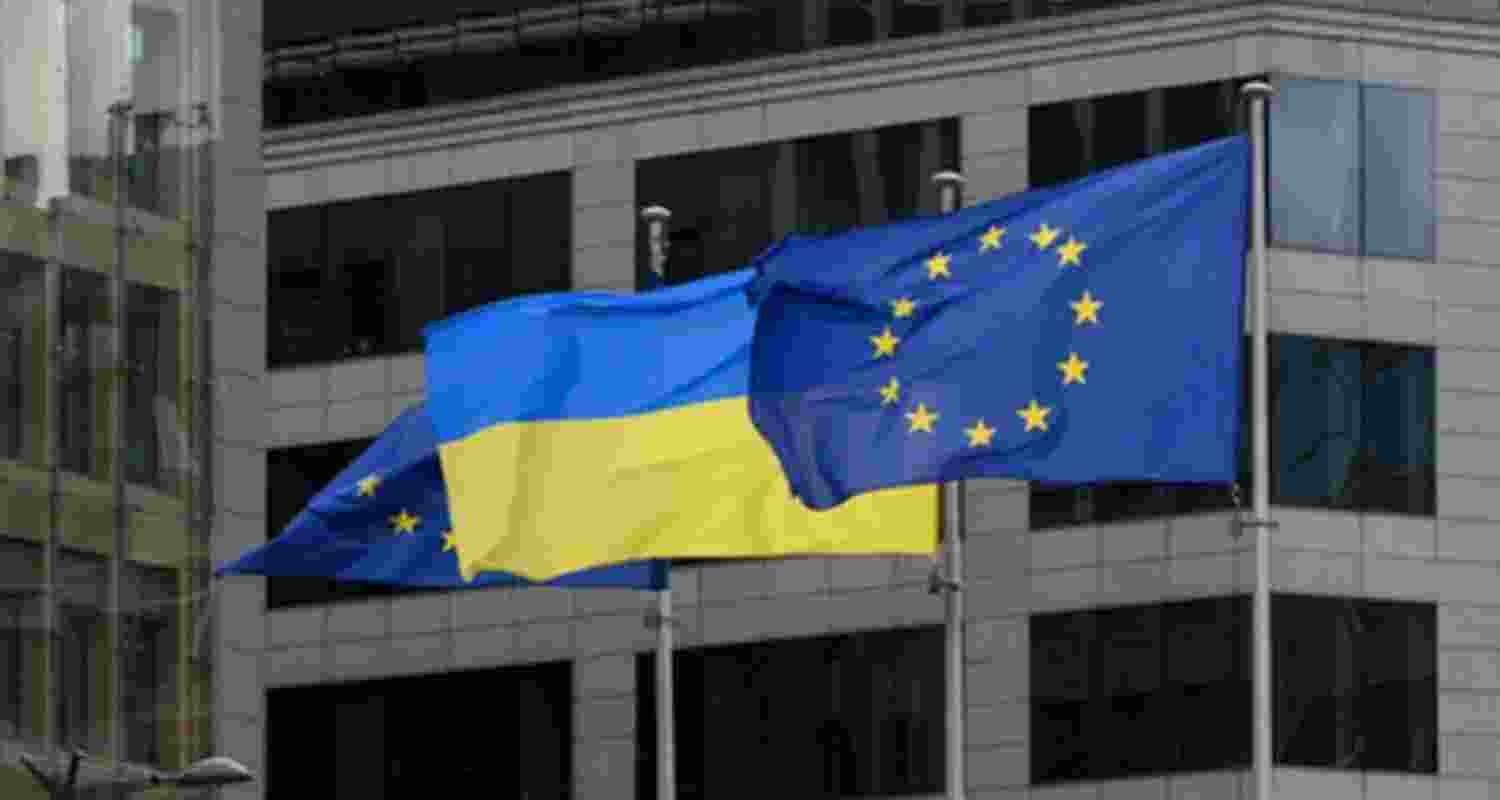 EU and Ukrainian flags. EU and Ukrainian flags.