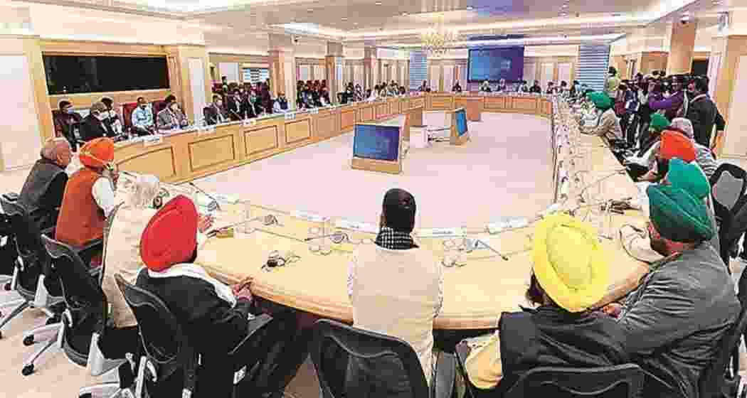 A meeting in progress between farmer representatives and the Centre. File photo. A meeting in progress between farmer representatives and the Centre. File photo.