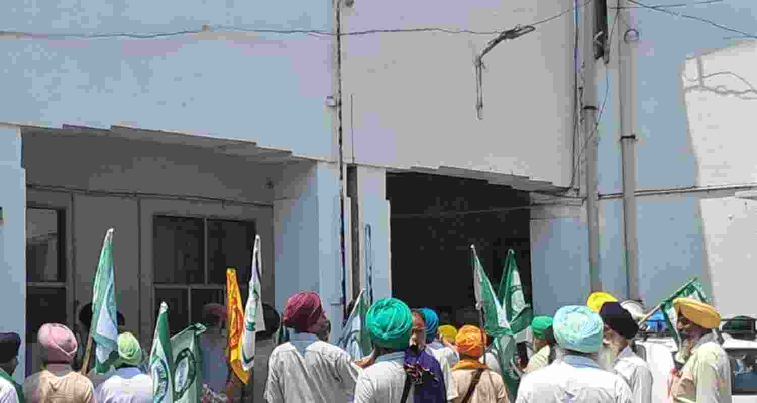 Farmers' union protest outside the BBMB chief engineer’s office. Farmers' union protest outside the BBMB chief engineer’s office.